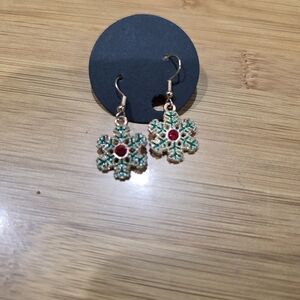 Elegant Green and Red Snowflake Earrings
